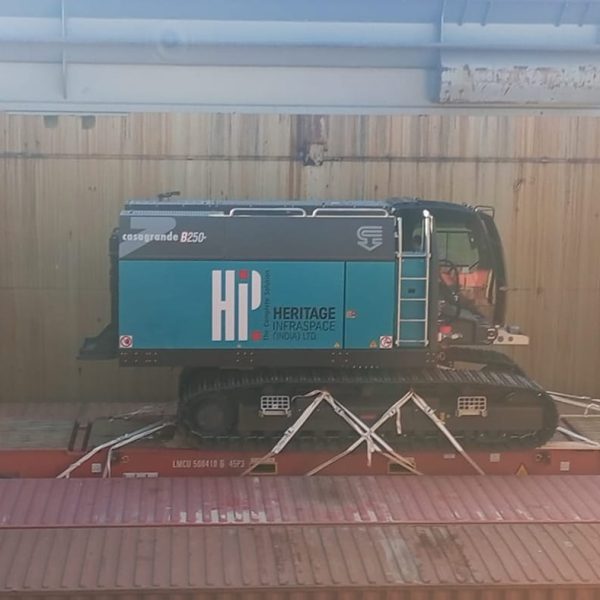 A Casagrande B250 driller cabin secured on a platform inside the ship's hold.