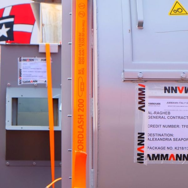 Close-up of shipping labels on Ammann machinery destined for Alexandria Seaport, Egypt.